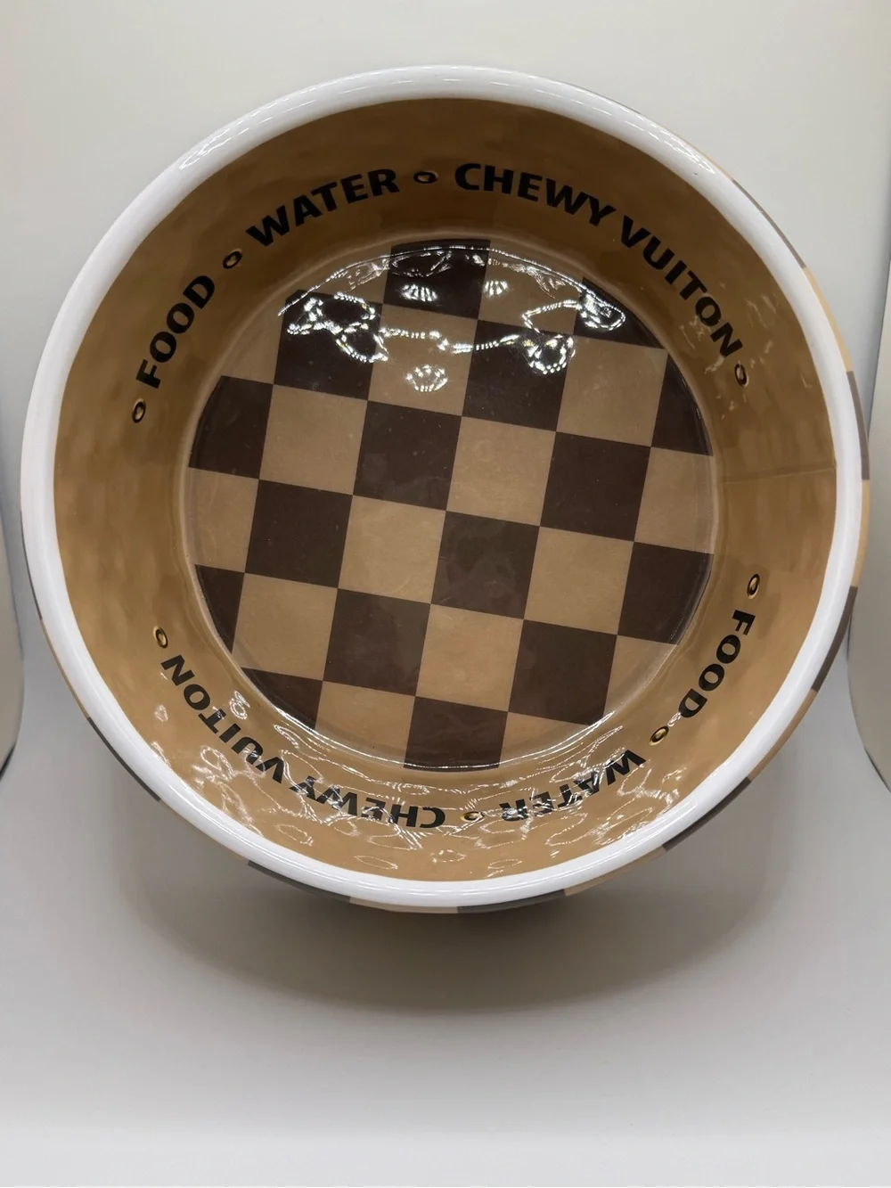 Chewy Vuiton Paris Dog Bowl Tan & Brown Checkered “Luxury” Pet Food Water Bowl